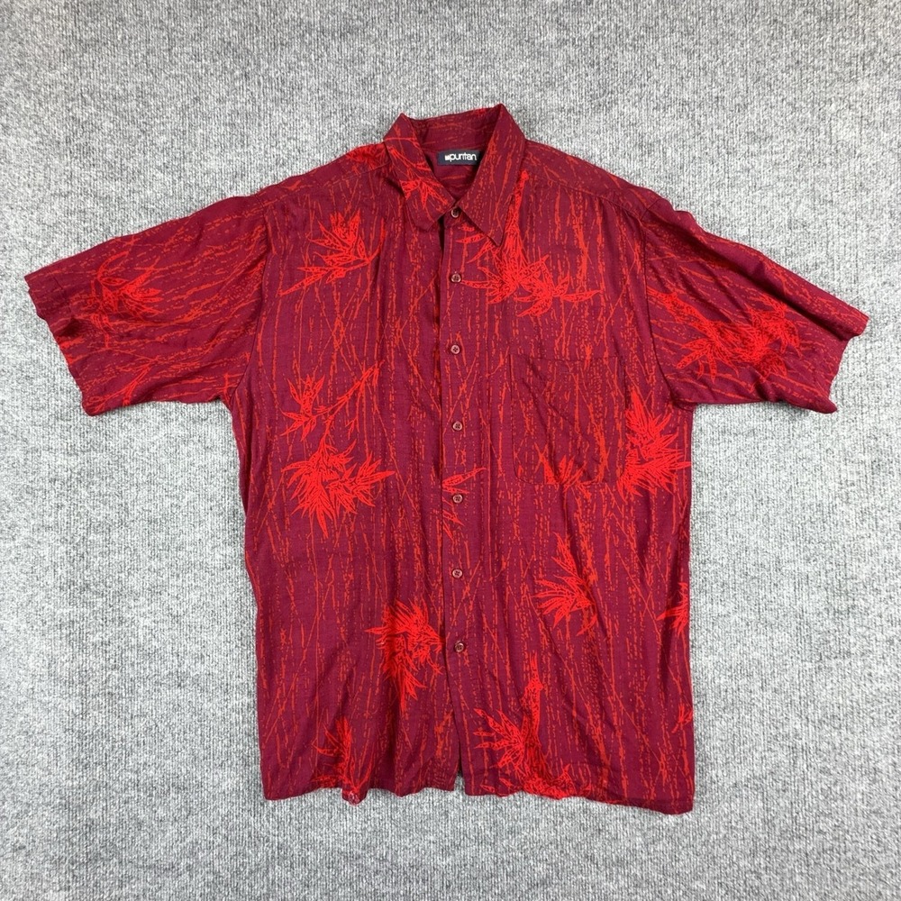 Puritan Shirt Mens Medium Red Rayon Hawaiian Aloha Floral Button Front Casual